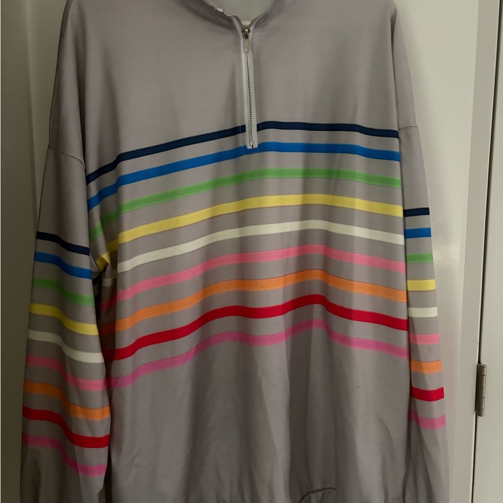 Unisex Quarter-Zip Stripe Pullover - Light Gray with Multicolor Stripes